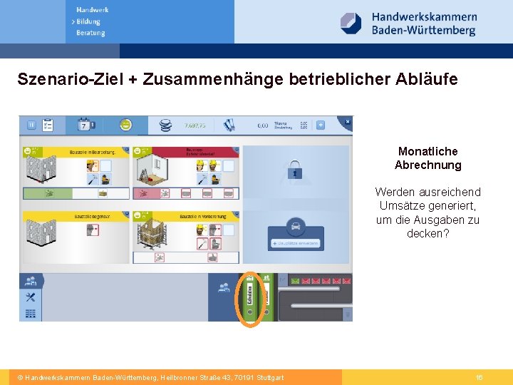 Szenario-Ziel + Zusammenhänge betrieblicher Abläufe Monatliche Abrechnung Werden ausreichend Umsätze generiert, um die Ausgaben