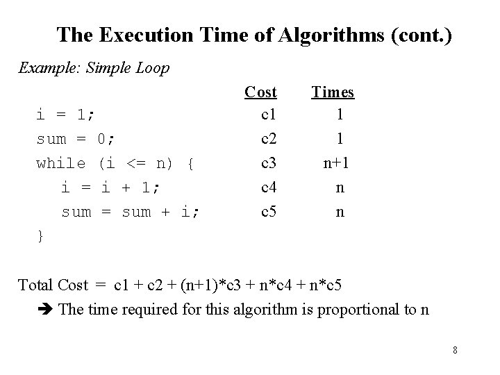 The Execution Time of Algorithms (cont. ) Example: Simple Loop i = 1; sum