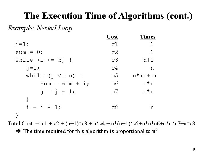 The Execution Time of Algorithms (cont. ) Example: Nested Loop Cost c 1 c