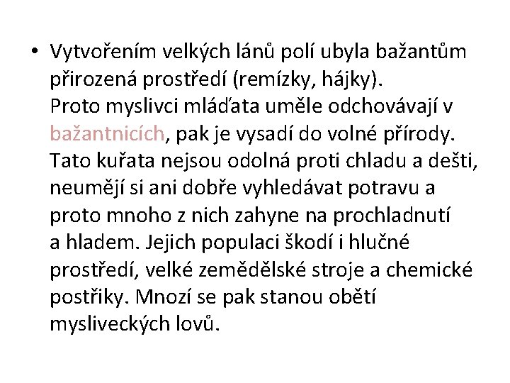  • Vytvořením velkých lánů polí ubyla bažantům přirozená prostředí (remízky, hájky). Proto myslivci