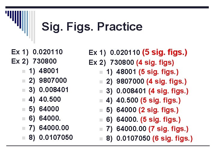 Sig. Figs. Practice Ex 1) 0. 020110 Ex 2) 730800 n 1) 48001 n