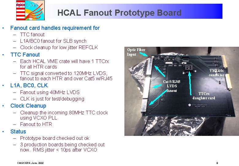 HCAL Fanout Prototype Board • Fanout card handles requirement for – TTC fanout –