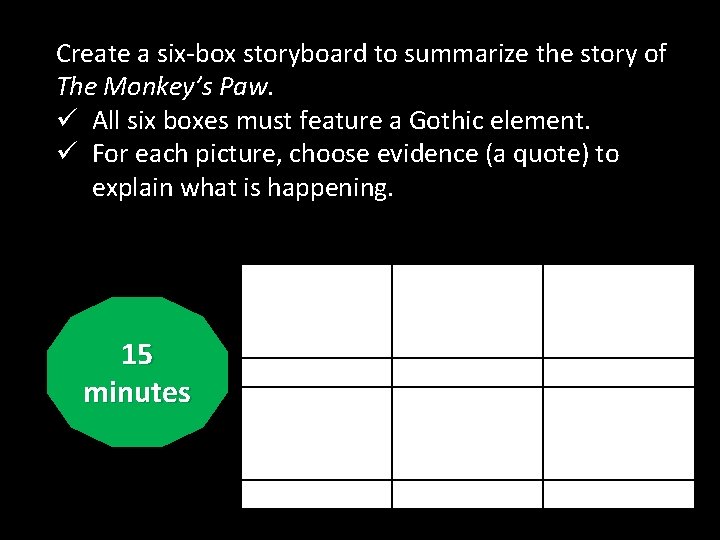 Create a six-box storyboard to summarize the story of The Monkey’s Paw. ü All