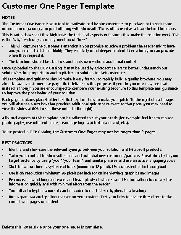Customer One Pager Template NOTES The Customer One Pager is your tool to motivate