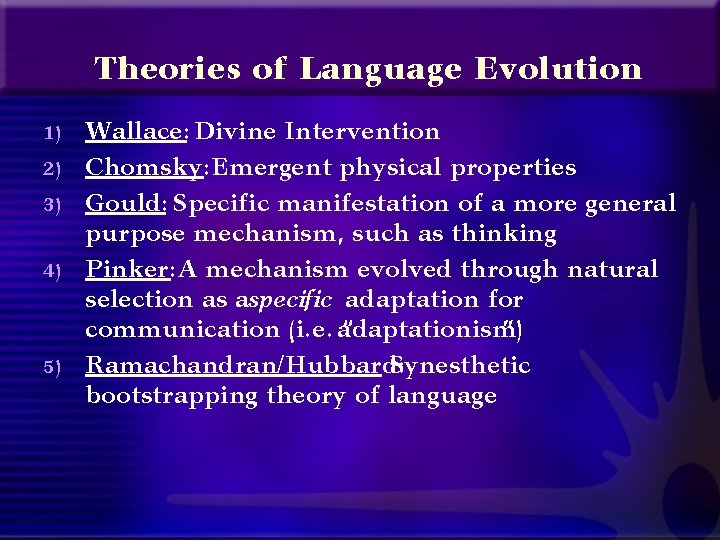Theories of Language Evolution 1) 2) 3) 4) 5) Wallace: Divine Intervention Chomsky: Emergent
