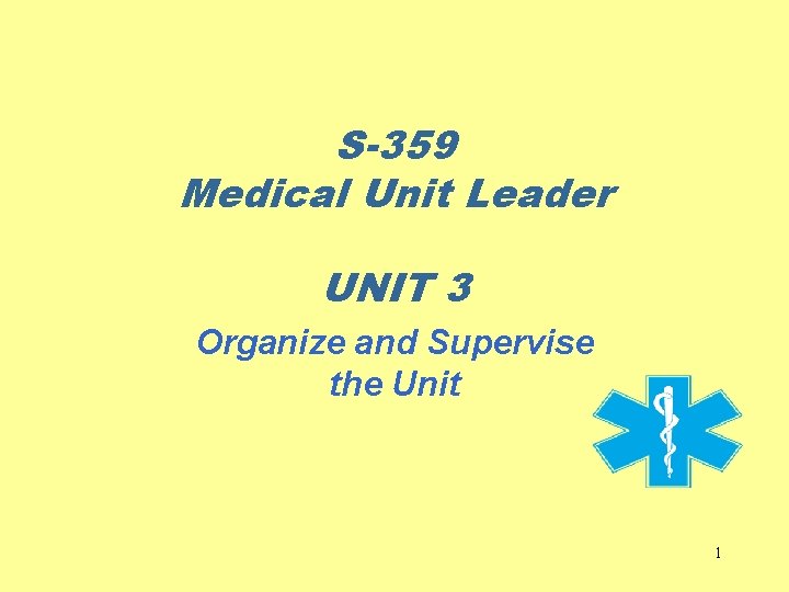 S-359 Medical Unit Leader UNIT 3 Organize and Supervise the Unit 1 