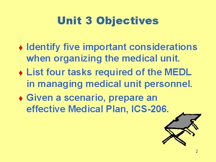 Unit 3 Objectives t t t Identify five important considerations when organizing the medical