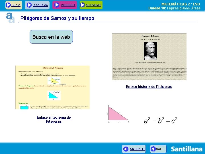 INICIO ESQUEMA INTERNET MATEMÁTICAS 2. º ESO Unidad 10: Figuras planas. Áreas ACTIVIDAD Pitágoras