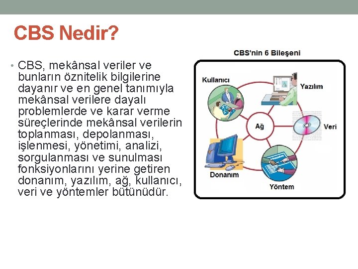 CBS Nedir? • CBS, mekânsal veriler ve bunların öznitelik bilgilerine dayanır ve en genel