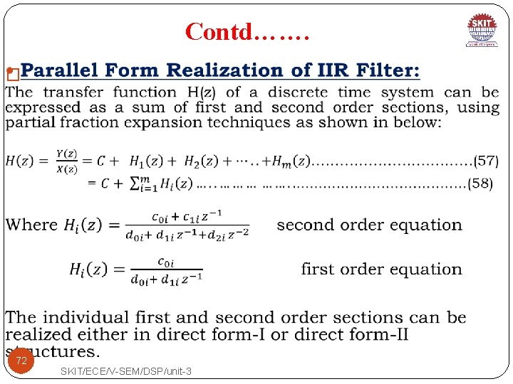 Contd……. � 72 SKIT/ECE/V-SEM/DSP/unit-3 