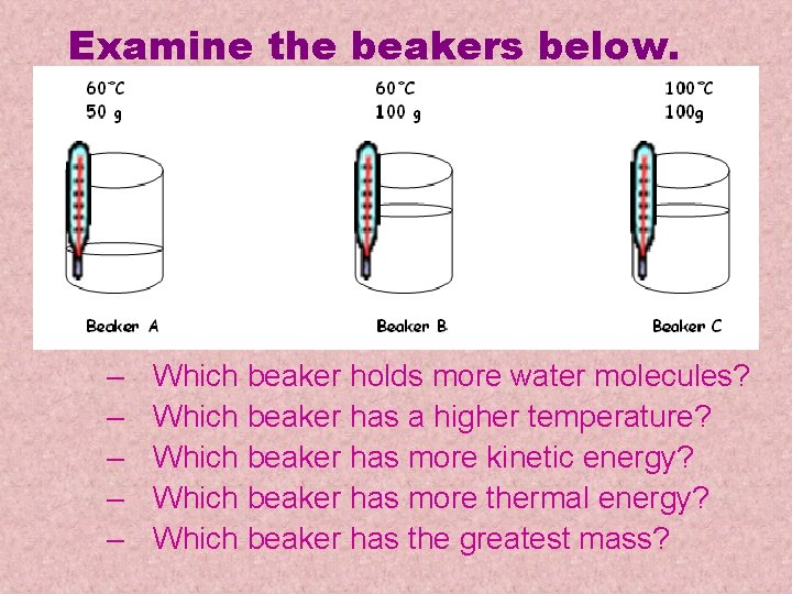 Examine the beakers below. – – – Which beaker holds more water molecules? Which Examine the beakers below. – – – Which beaker holds more water molecules? Which