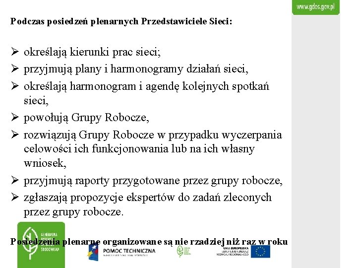 Podczas posiedzeń plenarnych Przedstawiciele Sieci: Ø określają kierunki prac sieci; Ø przyjmują plany i