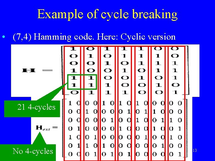 Example of cycle breaking • (7, 4) Hamming code. Here: Cyclic version 21 4