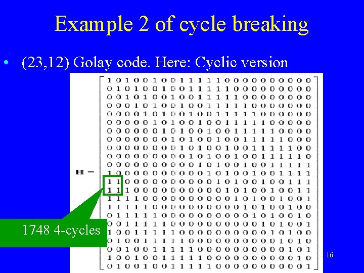 Example 2 of cycle breaking • (23, 12) Golay code. Here: Cyclic version 1748