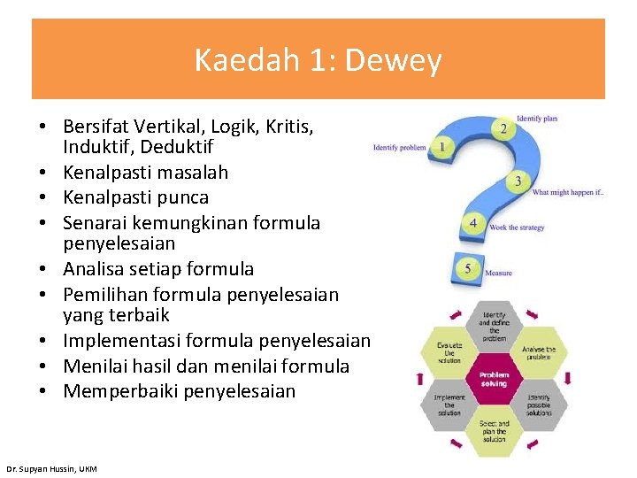 Kaedah 1: Dewey • Bersifat Vertikal, Logik, Kritis, Induktif, Deduktif • Kenalpasti masalah •