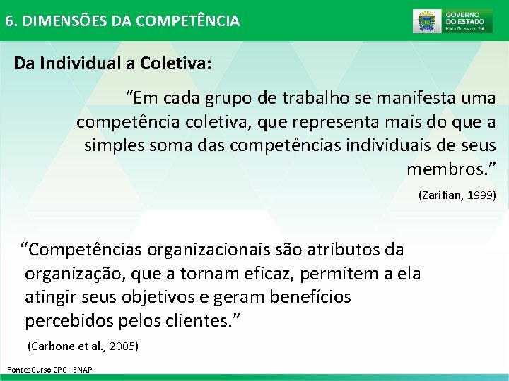 6. DIMENSÕES DA COMPETÊNCIA Da Individual a Coletiva: “Em cada grupo de trabalho se 6. DIMENSÕES DA COMPETÊNCIA Da Individual a Coletiva: “Em cada grupo de trabalho se