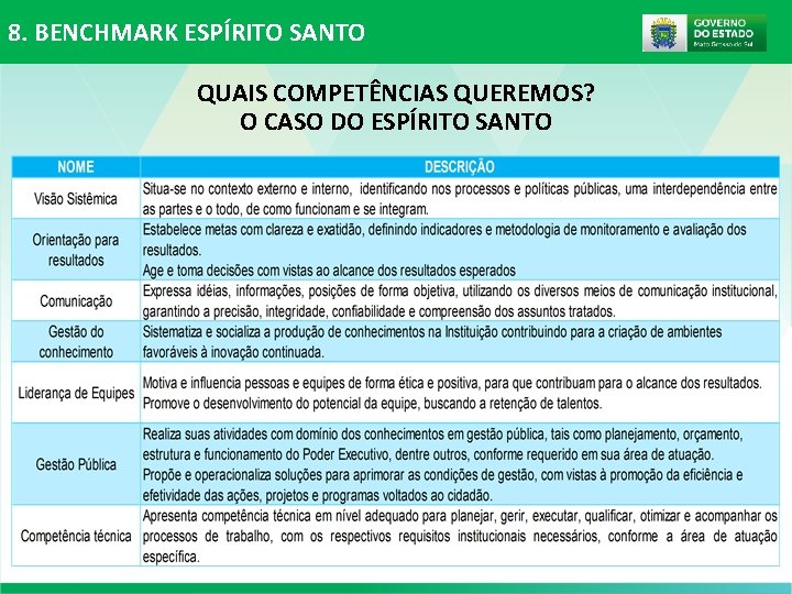 8. BENCHMARK ESPÍRITO SANTO QUAIS COMPETÊNCIAS QUEREMOS? O CASO DO ESPÍRITO SANTO 8. BENCHMARK ESPÍRITO SANTO QUAIS COMPETÊNCIAS QUEREMOS? O CASO DO ESPÍRITO SANTO