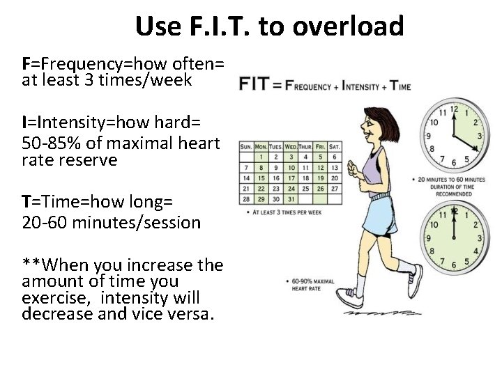 Use F. I. T. to overload F=Frequency=how often= at least 3 times/week I=Intensity=how hard=