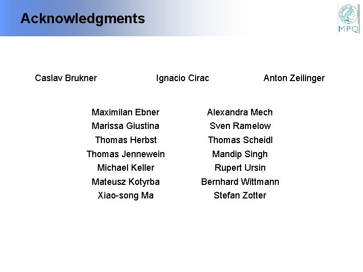 Acknowledgments Caslav Brukner Ignacio Cirac Anton Zeilinger Maximilan Ebner Alexandra Mech Marissa Giustina Sven