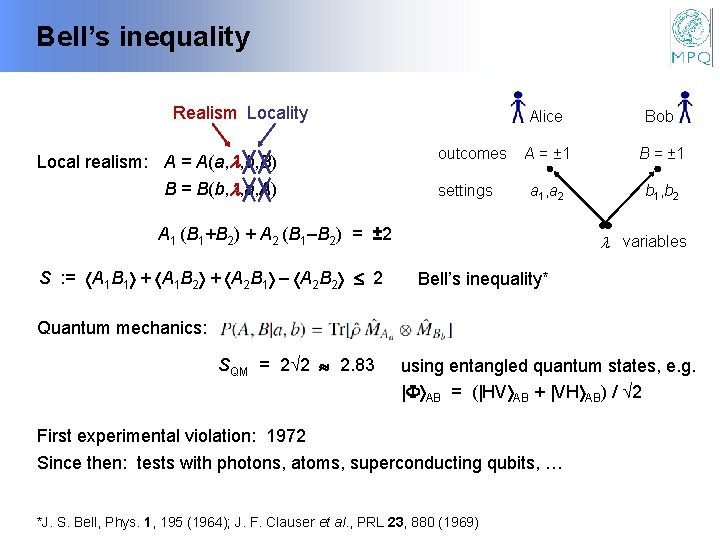 Bell’s inequality Realism Locality Local realism: A = A(a, , b, B) B =