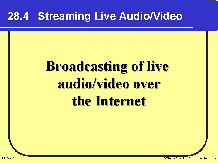 28. 4 Streaming Live Audio/Video Broadcasting of live audio/video over the Internet Mc. Graw-Hill