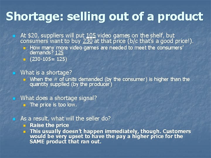 Shortage: selling out of a product n At $20, suppliers will put 105 video