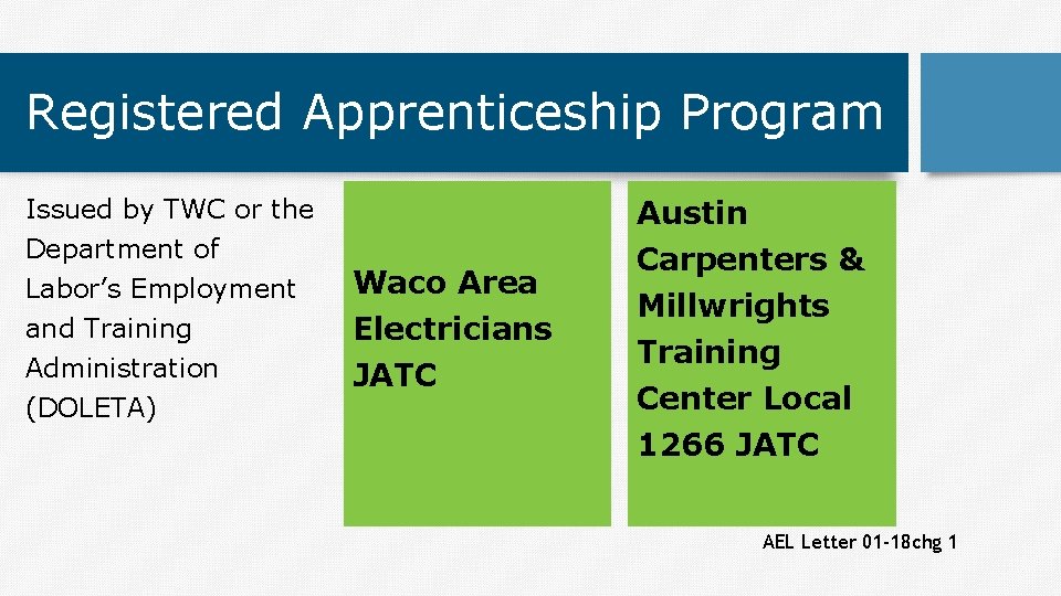 Registered Apprenticeship Program Issued by TWC or the Department of Labor’s Employment and Training