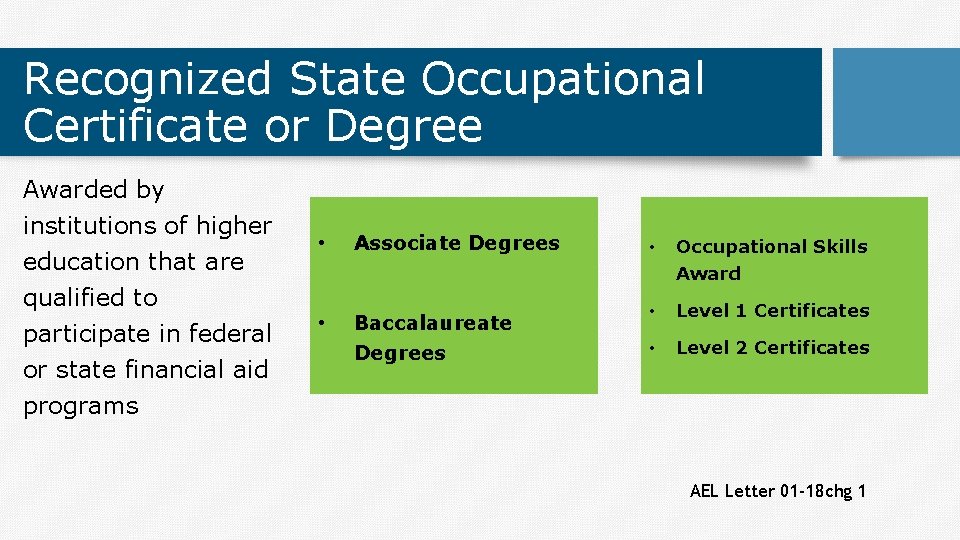 Recognized State Occupational Certificate or Degree Awarded by institutions of higher education that are