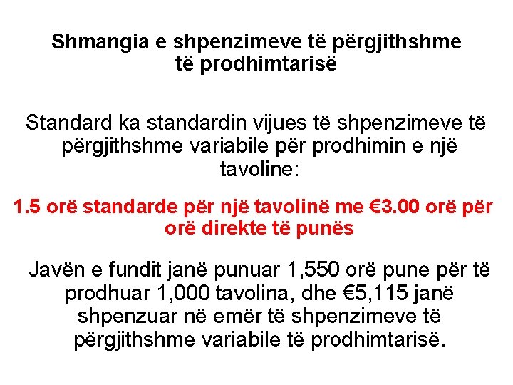 Shmangia e shpenzimeve të përgjithshme të prodhimtarisë Standard ka standardin vijues të shpenzimeve të