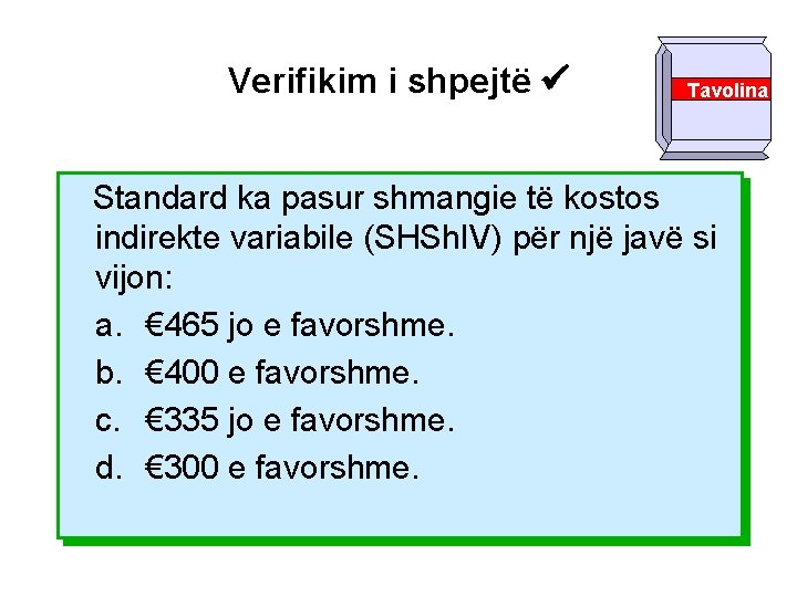 Verifikim i shpejtë Tavolina Standard ka pasur shmangie të kostos indirekte variabile (SHSh. IV)