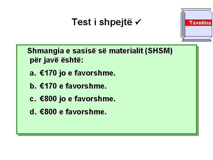 Test i shpejtë Shmangia e sasisë së materialit (SHSM) për javë është: a. €