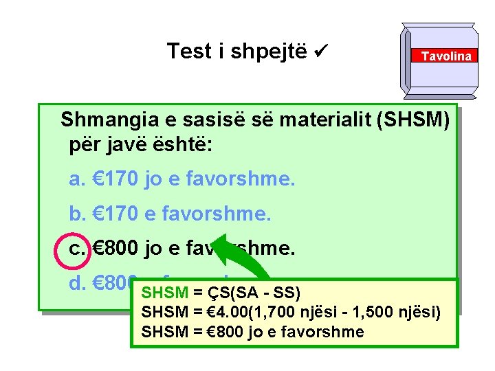 Test i shpejtë Tavolina Shmangia e sasisë së materialit (SHSM) për javë është: a.