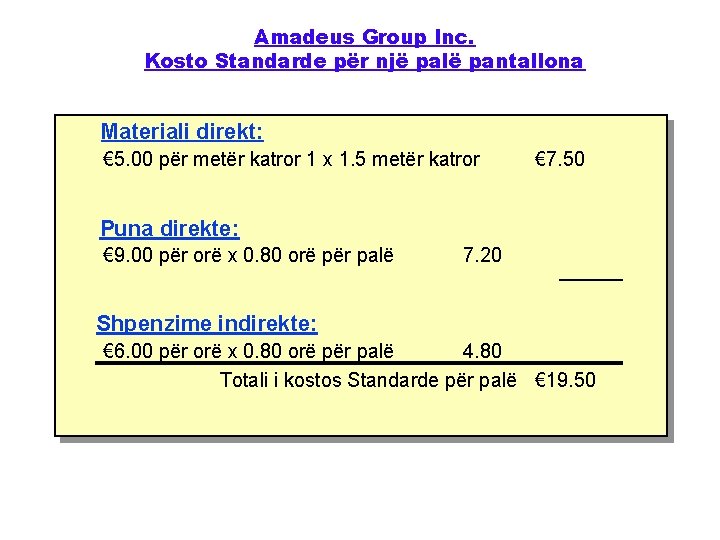 Amadeus Group Inc. Kosto Standarde për një palë pantallona Materiali direkt: € 5. 00