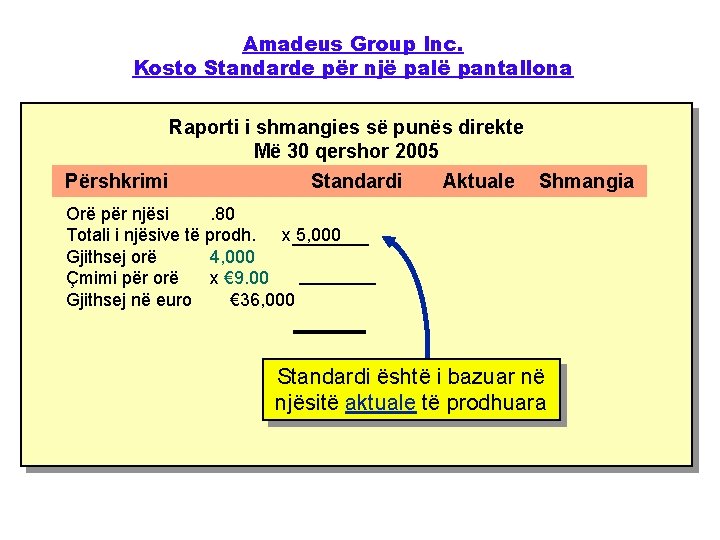 Amadeus Group Inc. Kosto Standarde për një palë pantallona Raporti i shmangies së punës