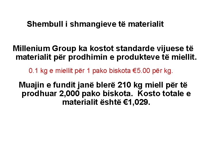 Shembull i shmangieve të materialit Millenium Group ka kostot standarde vijuese të materialit për