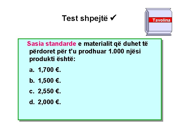 Test shpejtë Sasia standarde e materialit që duhet të përdoret për t’u prodhuar 1.