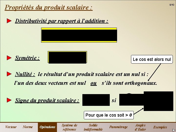 8/10 Propriétés du produit scalaire : Distributivité par rapport à l’addition : Symétrie :