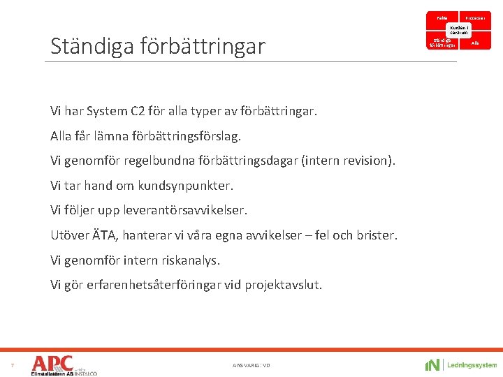 Fakta Ständiga förbättringar Vi har System C 2 för alla typer av förbättringar. Alla