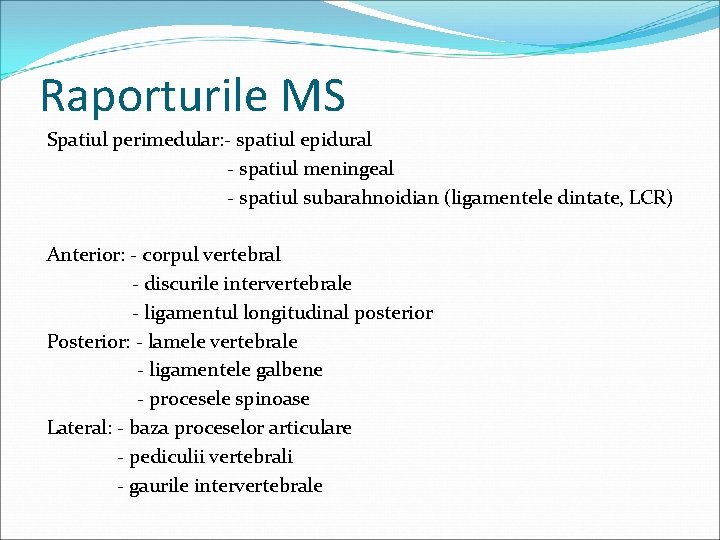Raporturile MS Spatiul perimedular: - spatiul epidural - spatiul meningeal - spatiul subarahnoidian (ligamentele