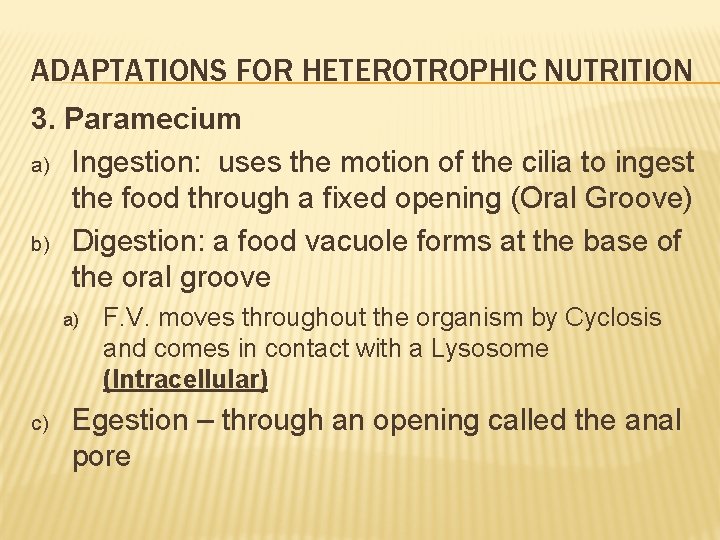 ADAPTATIONS FOR HETEROTROPHIC NUTRITION 3. Paramecium a) Ingestion: uses the motion of the cilia