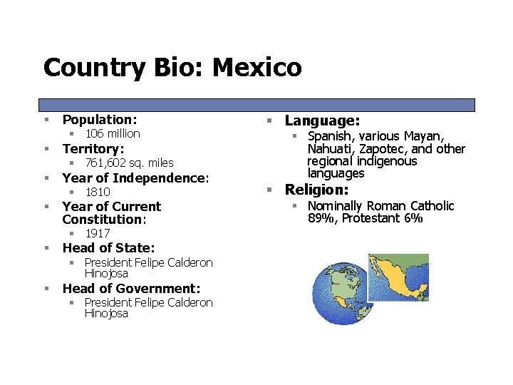 Country Bio: Mexico § Population: § 106 million § Territory: § Year of Independence: