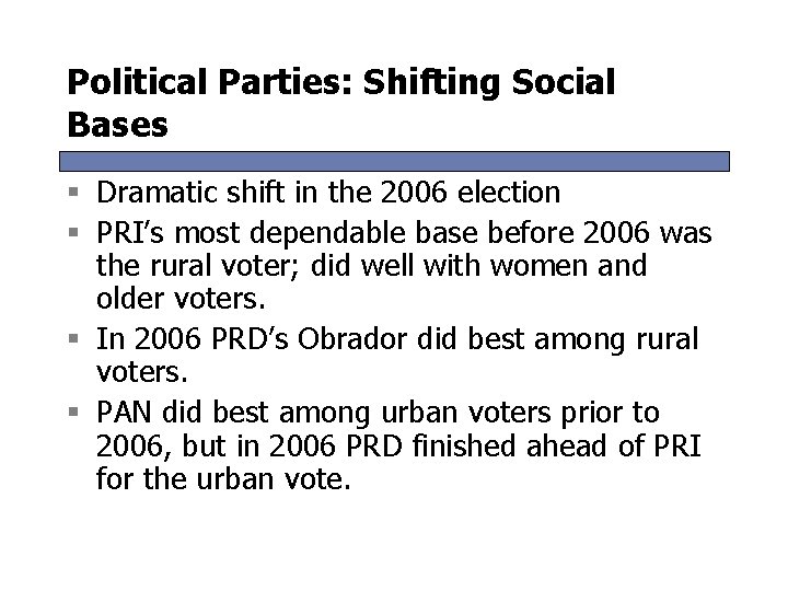 Political Parties: Shifting Social Bases § Dramatic shift in the 2006 election § PRI’s