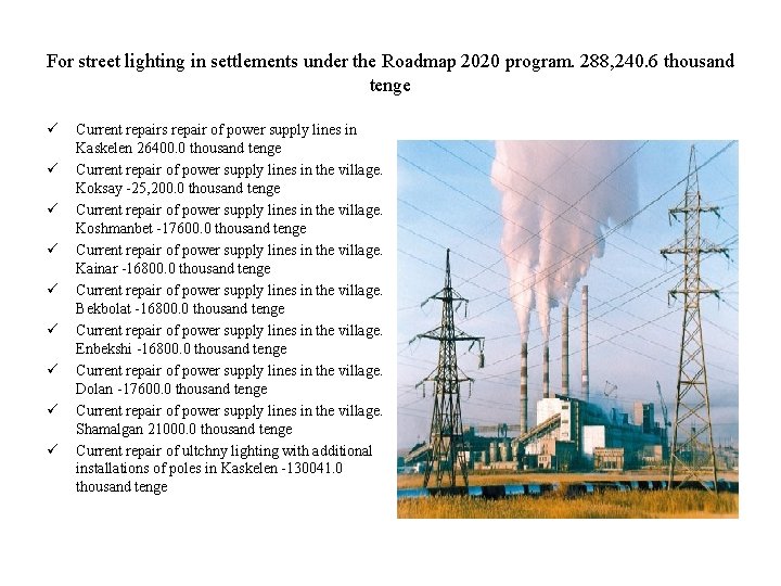 For street lighting in settlements under the Roadmap 2020 program. 288, 240. 6 thousand