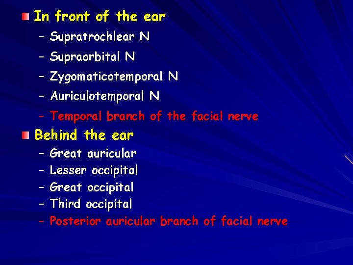 In front of the ear – Supratrochlear N – Supraorbital N – Zygomaticotemporal N