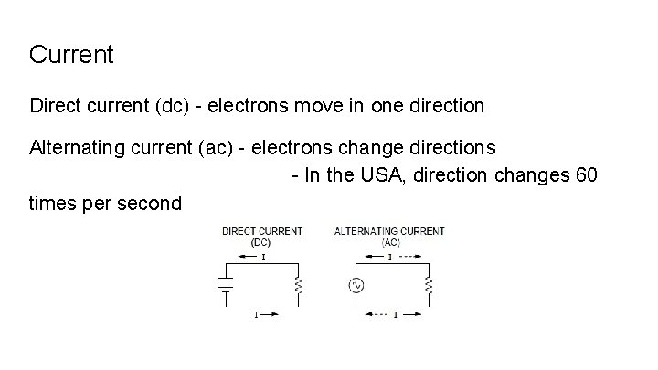 Current Direct current (dc) - electrons move in one direction Alternating current (ac) -