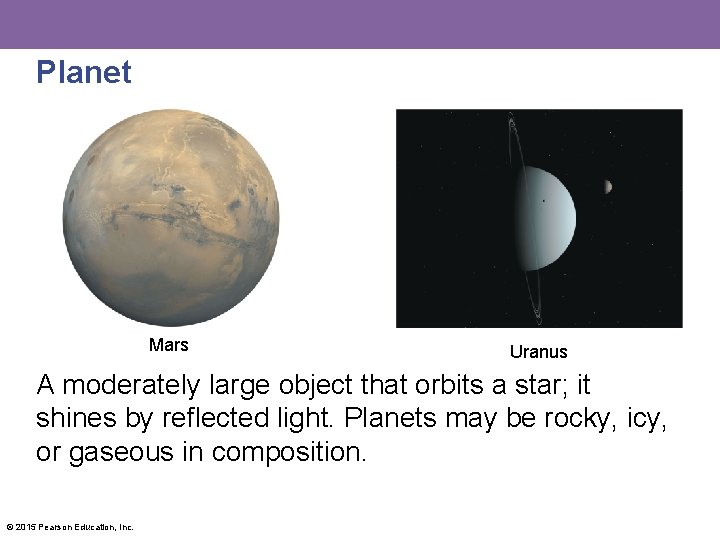 Planet Mars Uranus A moderately large object that orbits a star; it shines by