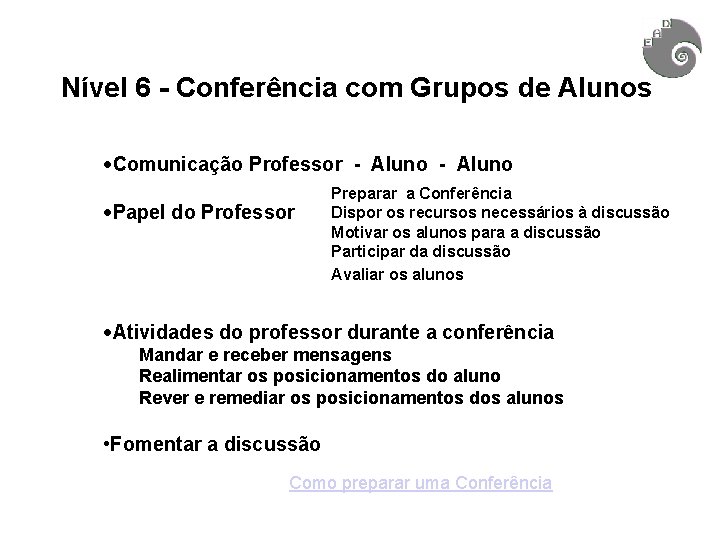 Nível 6 - Conferência com Grupos de Alunos ·Comunicação Professor - Aluno ·Papel do