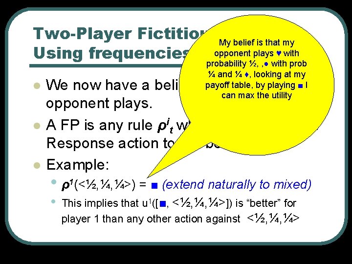 Two-Player Fictitious. My. Play – belief is that my Using frequencies 2 opponent plays Two-Player Fictitious. My. Play – belief is that my Using frequencies 2 opponent plays