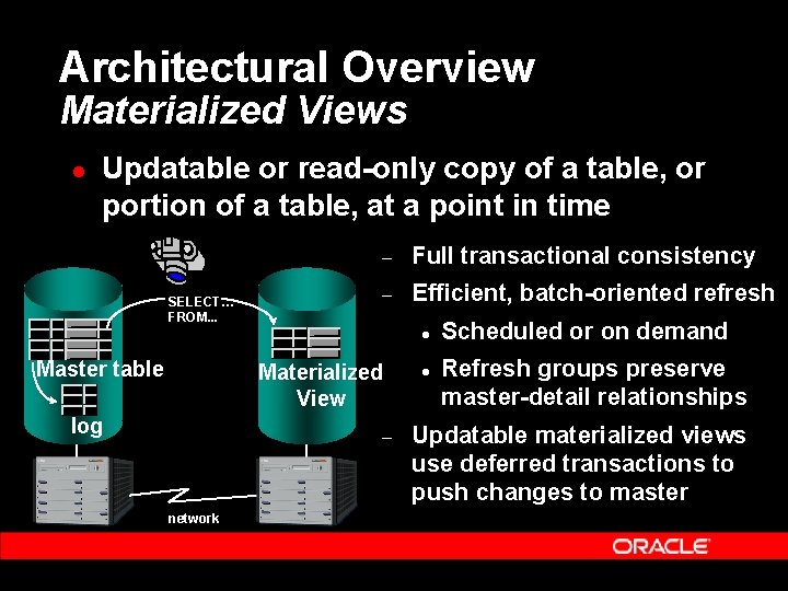 Architectural Overview Materialized Views l Updatable or read-only copy of a table, or portion