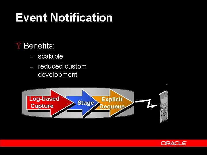 Event Notification Ÿ Benefits: – – scalable reduced custom development Log-based Capture Stage Explicit